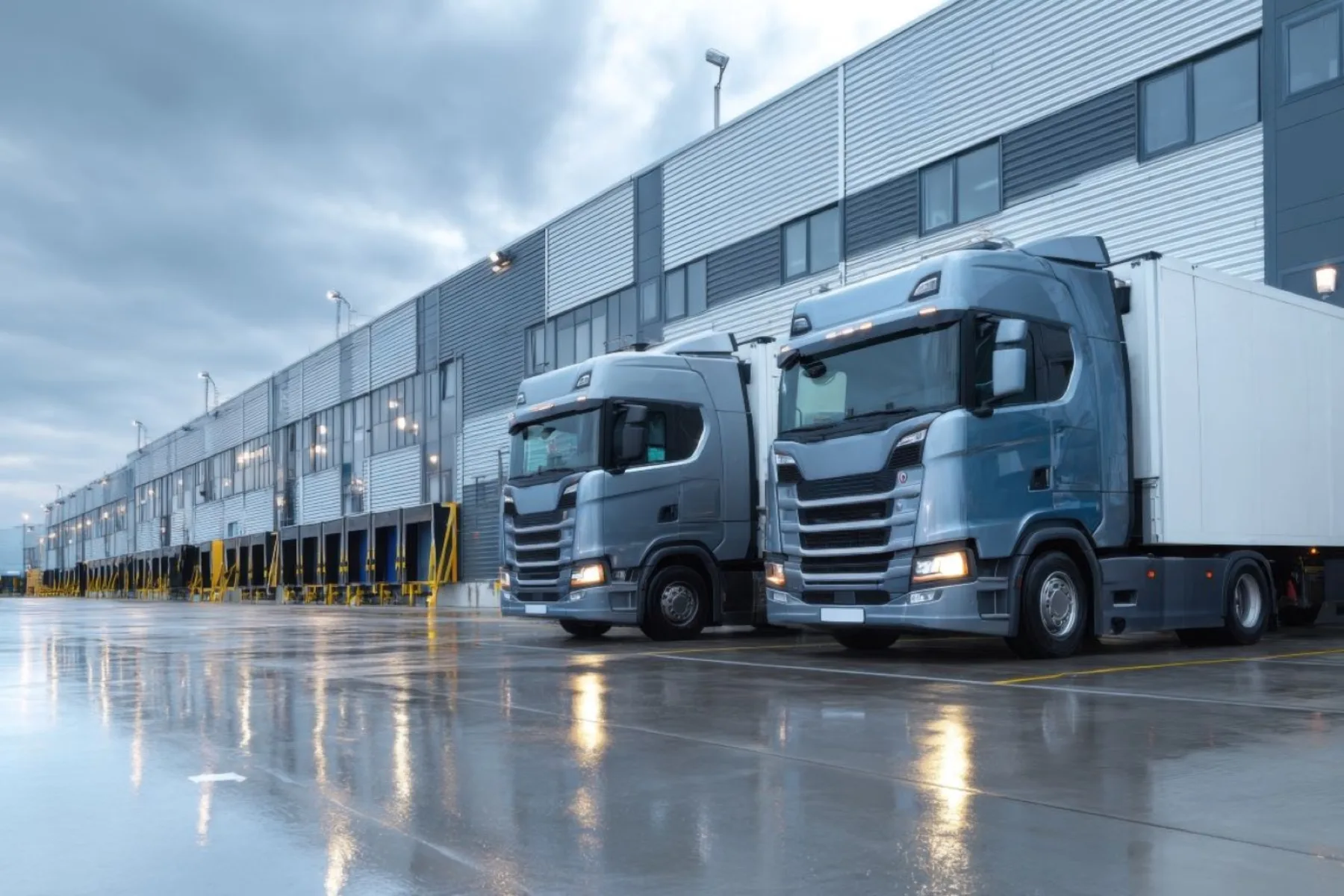 Flota europea estacionada ante una plataforma logística